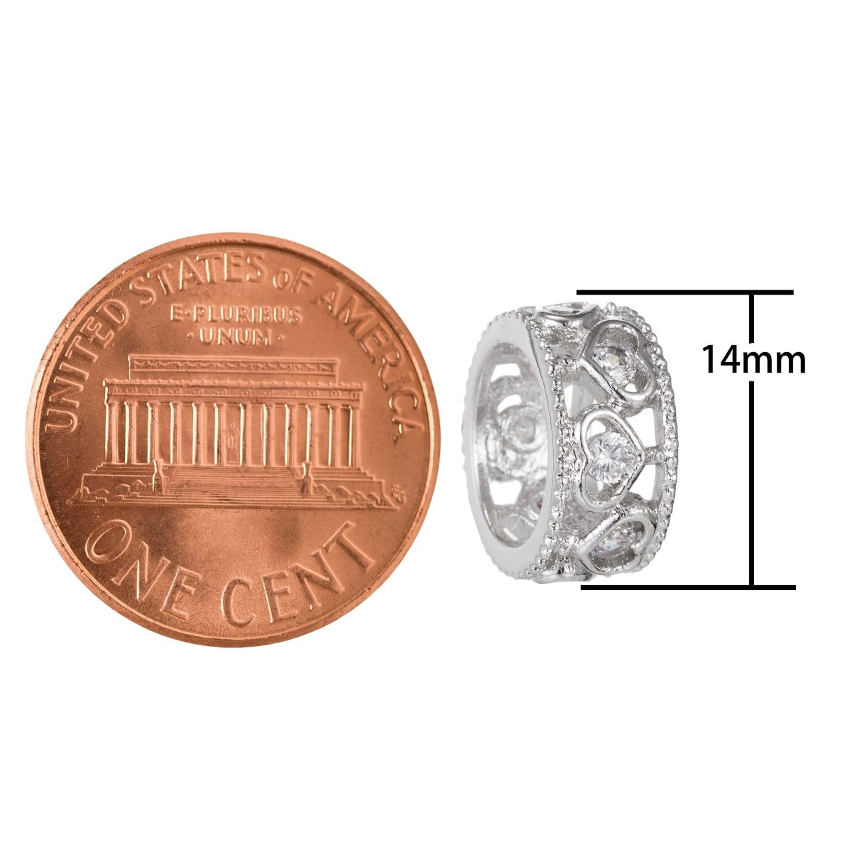 Tiny Hearts Ornamented Silver Round Wheel Beads CZ Crystal Valentine Love Heart Geometric Jewelry Beads Supply B-260 - DLUXCA