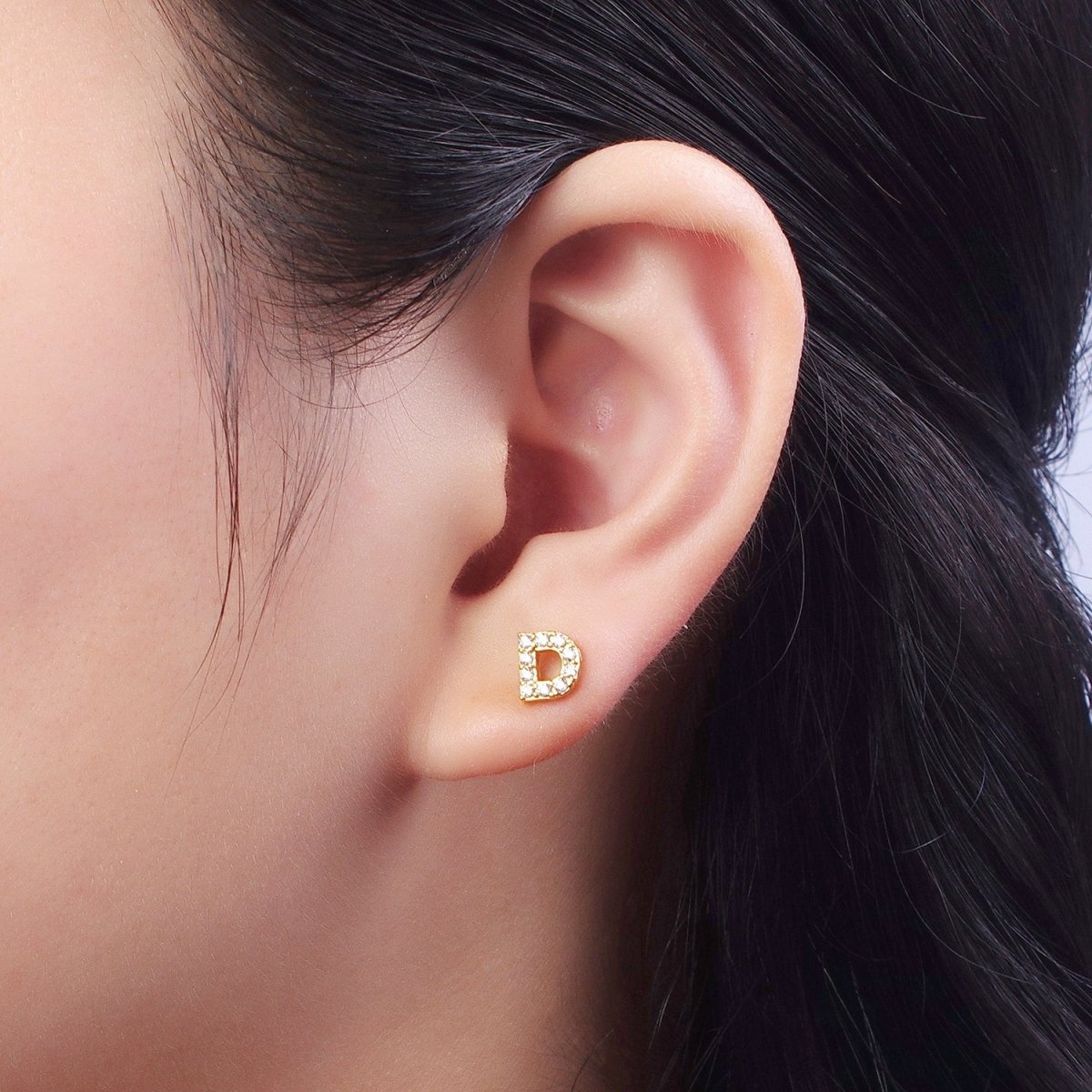 Tiny Initial Earring, Letter Stud Earrings, Initials Earrings, Diamond CZ Initial Earrings, Letter Studs Dainty Earring | AE-1056~AE-1081 - DLUXCA