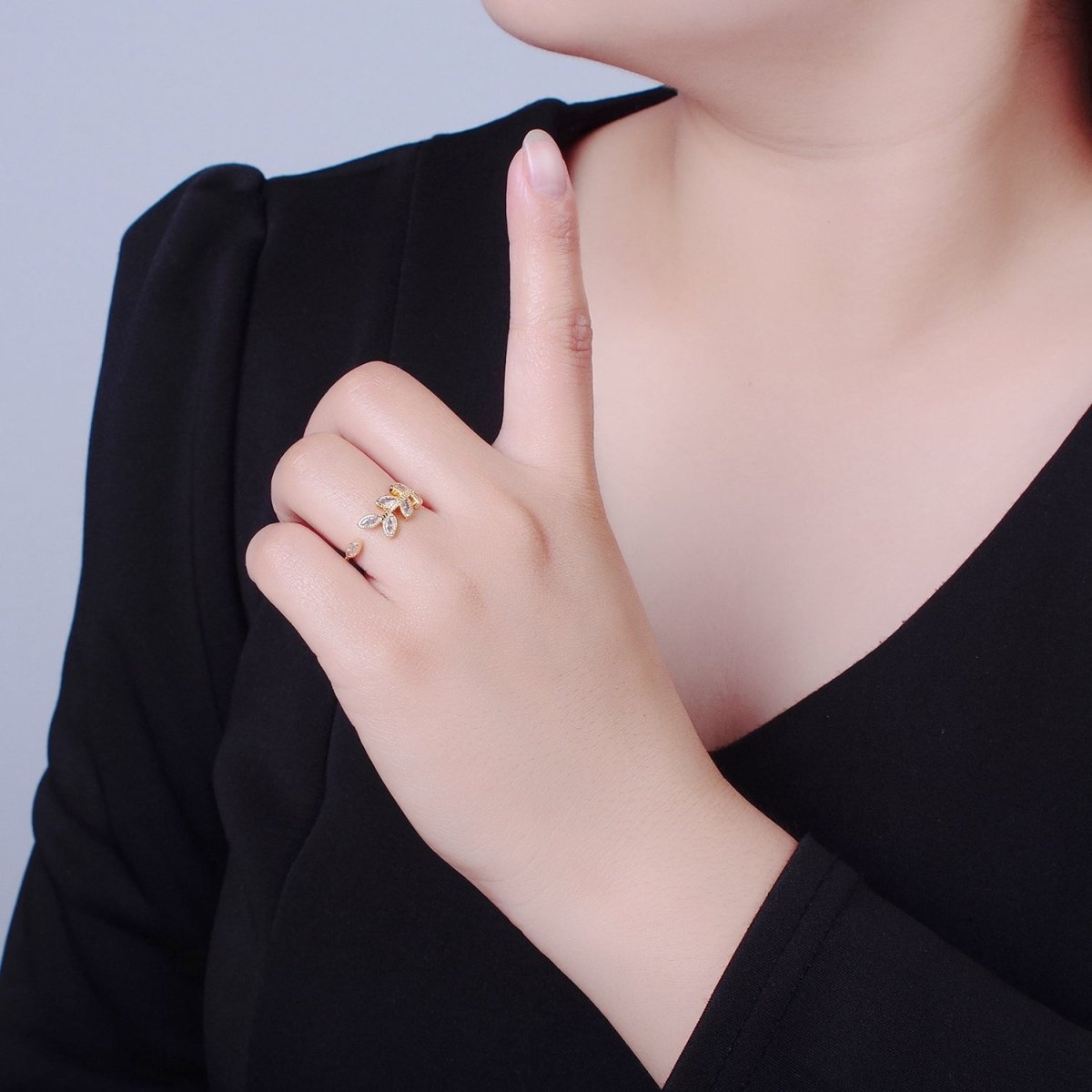 TRENDY Gold Leaf Ring, Pave Leaf Ring, Olive Leaf Vine Ring, Wraparound Ring, Nature Ring, Adjustable Size Ring O-2252 - DLUXCA