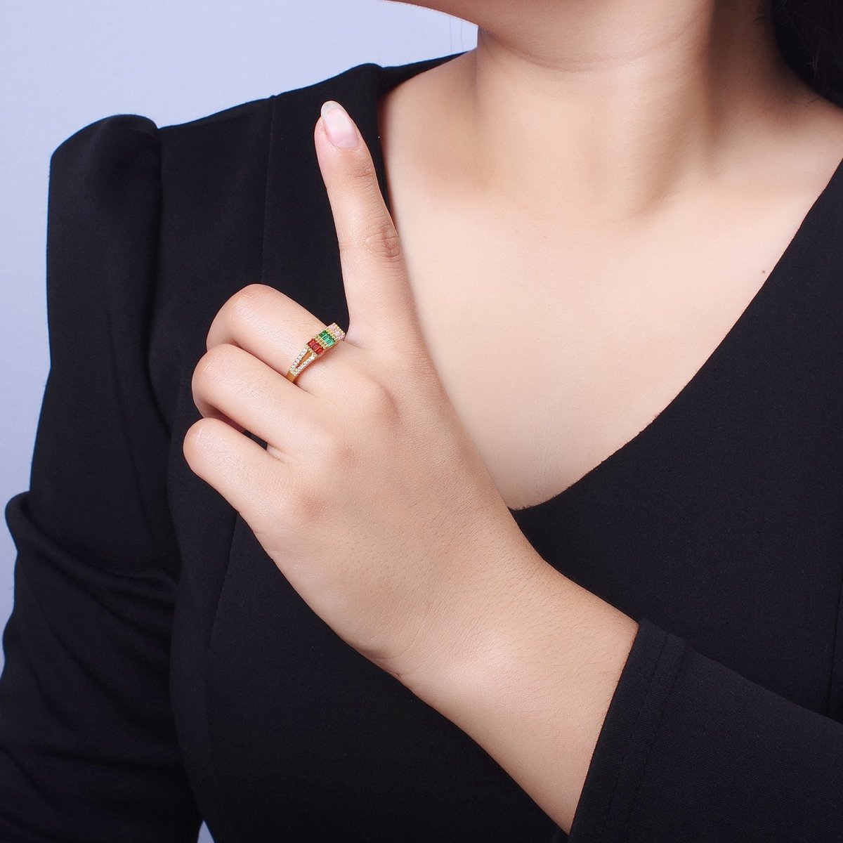 Triple Baguette Multicolor Clear Micro Paved CZ Ring in Gold & Silver | Y-561 Y-562 - DLUXCA