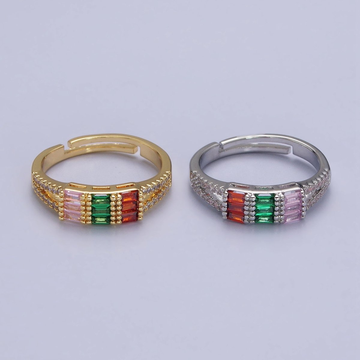Triple Baguette Multicolor Clear Micro Paved CZ Ring in Gold & Silver | Y-561 Y-562 - DLUXCA