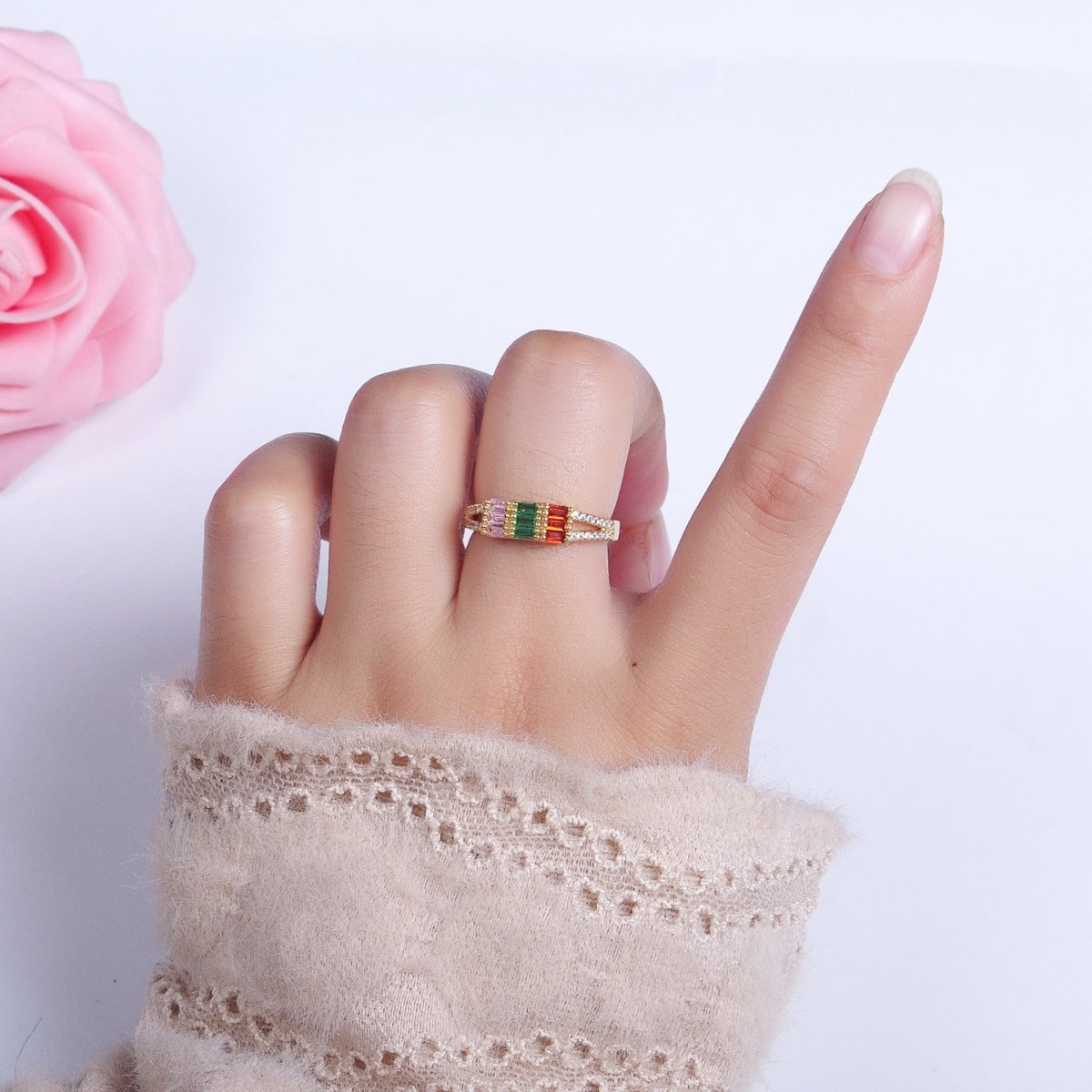 Triple Baguette Multicolor Clear Micro Paved CZ Ring in Gold & Silver | Y-561 Y-562 - DLUXCA