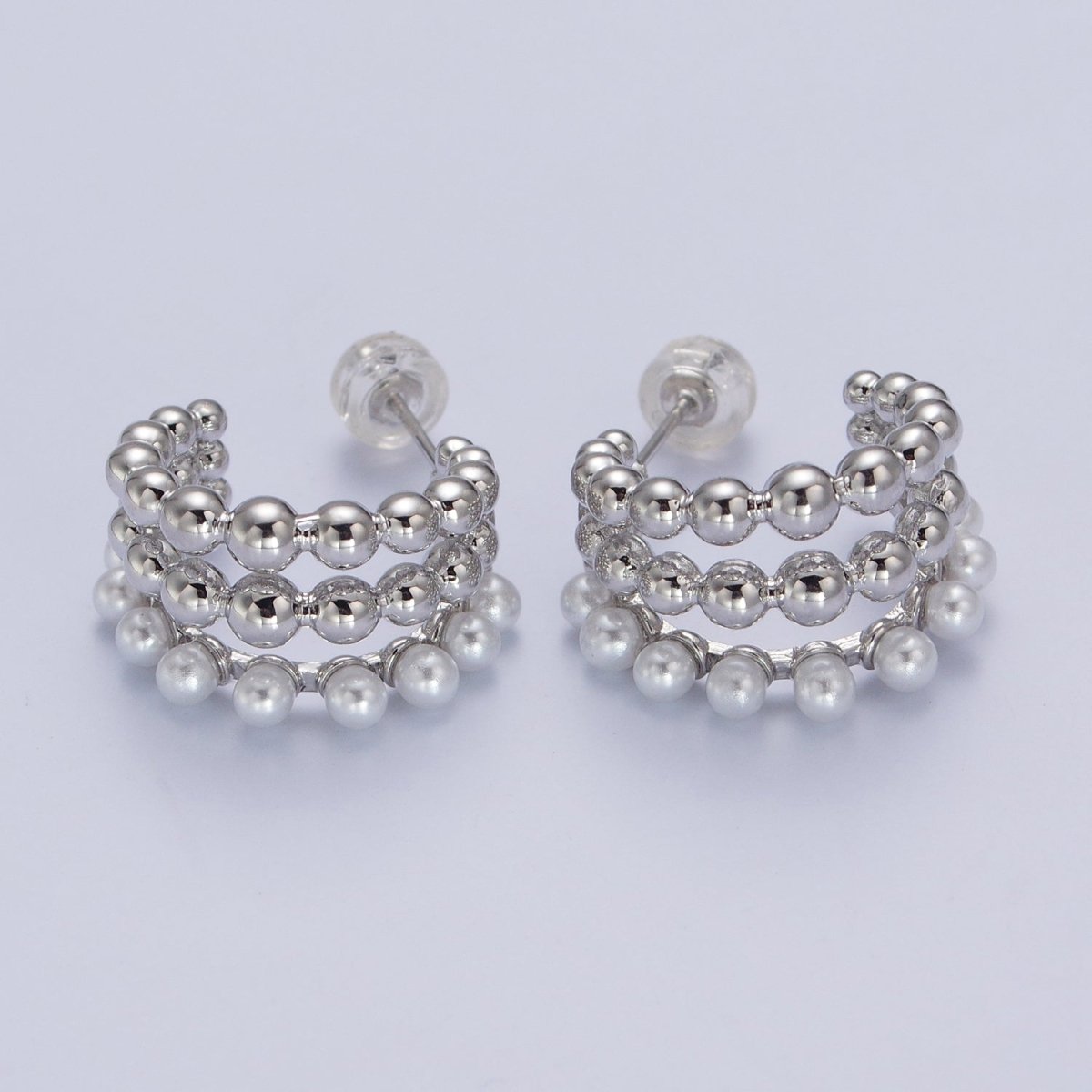 Triple Beaded Bubble Ball Round Pearl C-Shaped Hoop Earrings in Gold & Silver | AB051 AB052 - DLUXCA