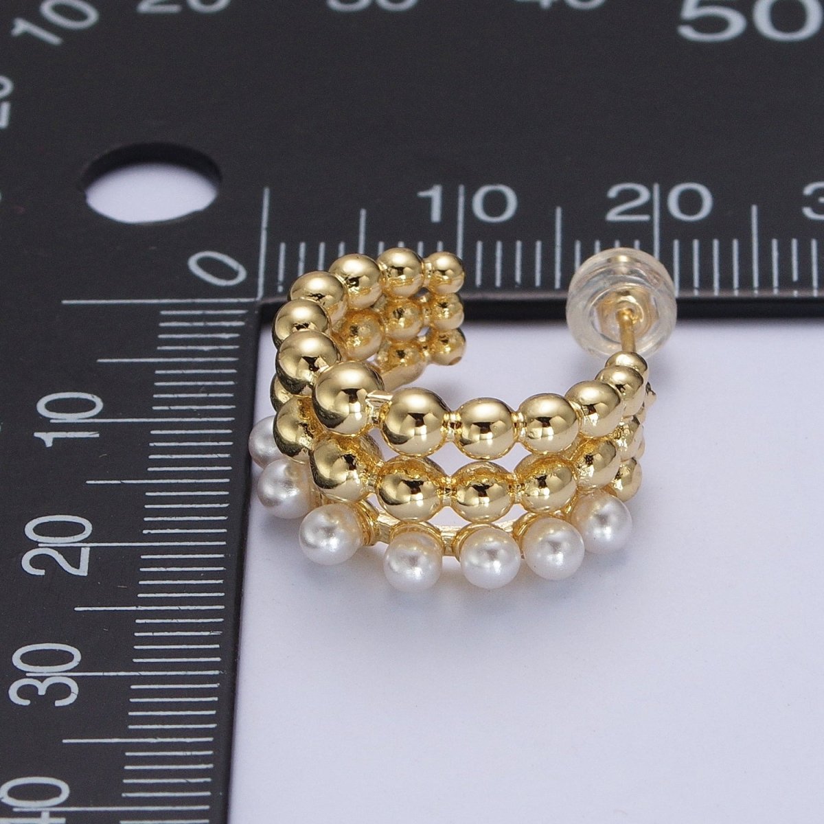 Triple Beaded Bubble Ball Round Pearl C-Shaped Hoop Earrings in Gold & Silver | AB051 AB052 - DLUXCA