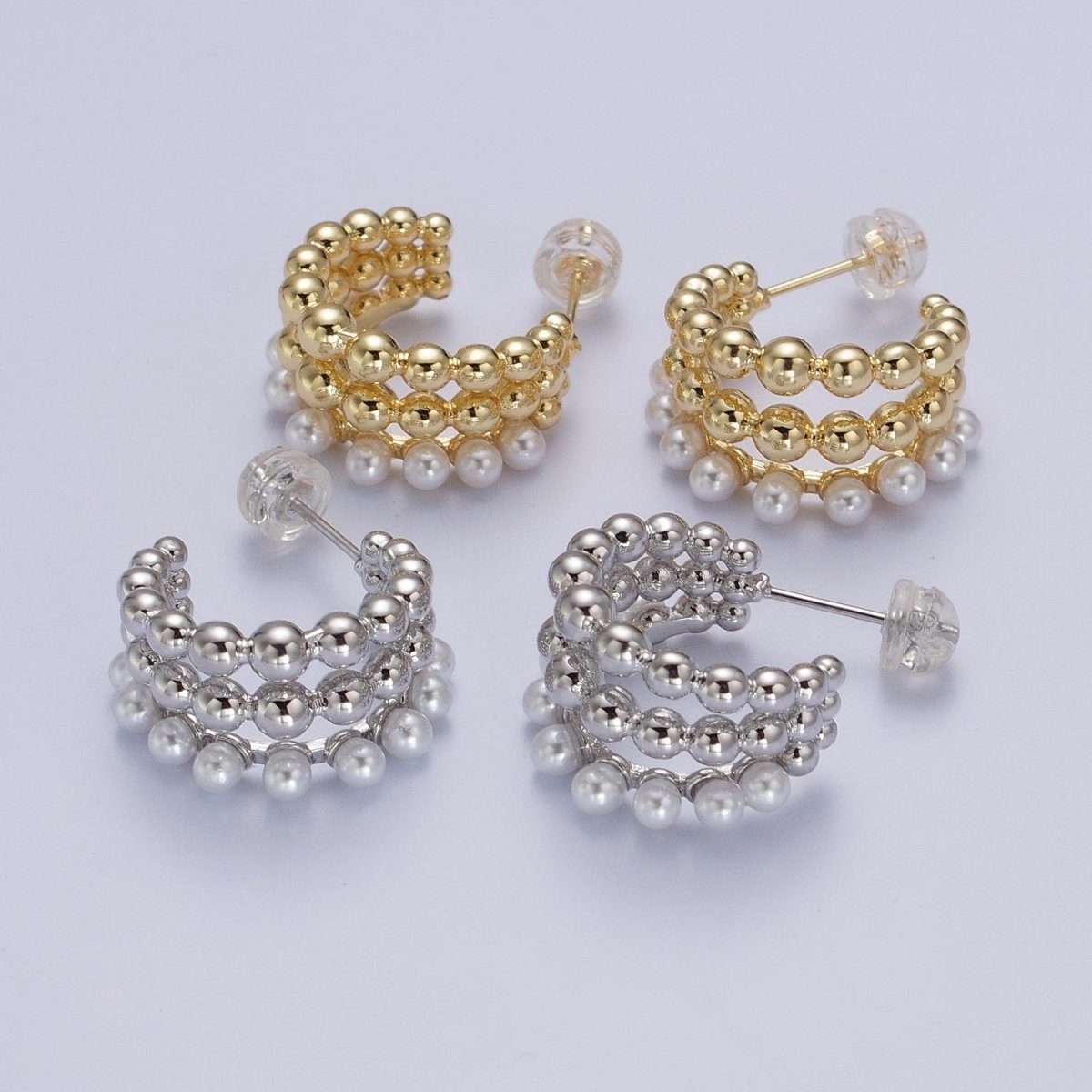 Triple Beaded Bubble Ball Round Pearl C-Shaped Hoop Earrings in Gold & Silver | AB051 AB052 - DLUXCA