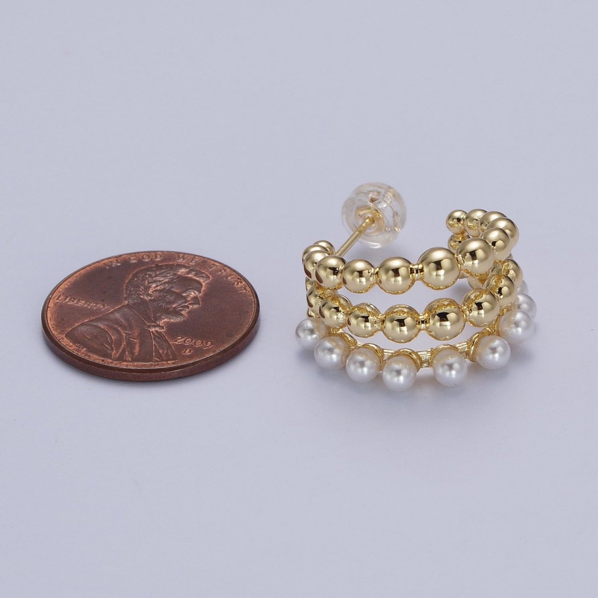 Triple Beaded Bubble Ball Round Pearl C-Shaped Hoop Earrings in Gold & Silver | AB051 AB052 - DLUXCA