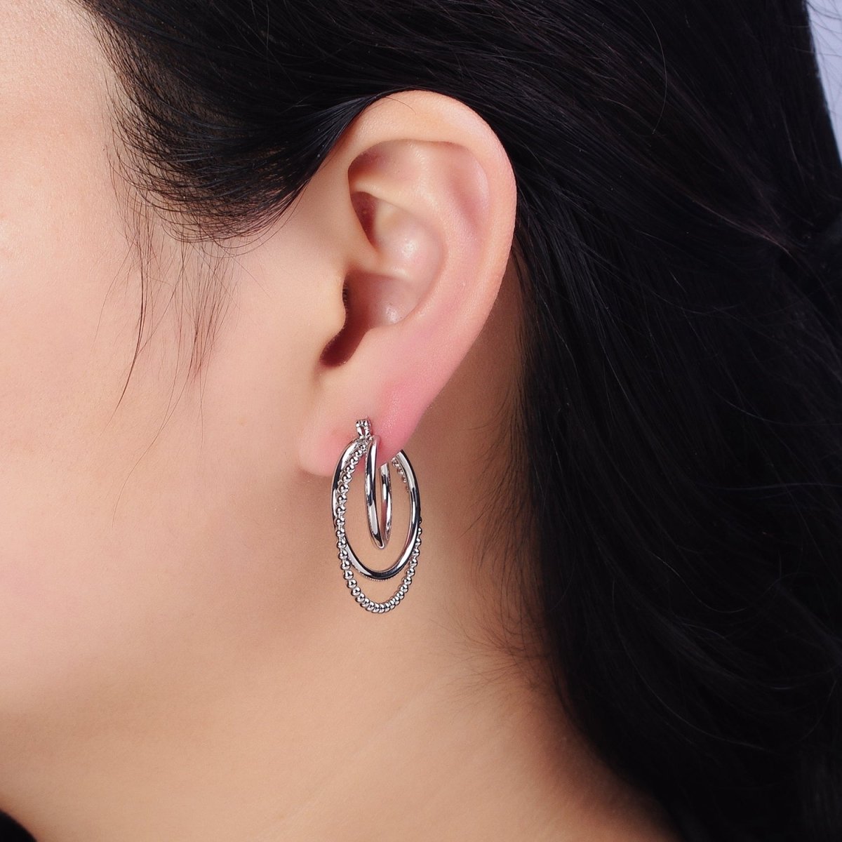 Triple Hoop Earrings, Big Gold Hoops, Statement Earrings Silver Beaded Modern Hoop Earring AD1209 AD1210 - DLUXCA