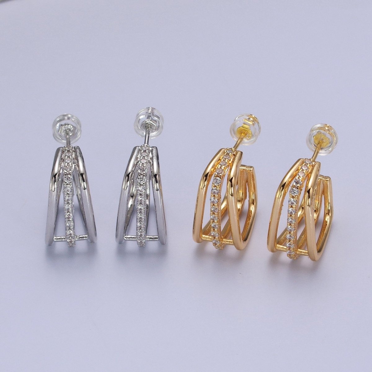 Triple Micro Pave CZ Bar Geometric Square J-Shaped Hoop Earrings In Gold & Silver | AB053 AB054 - DLUXCA