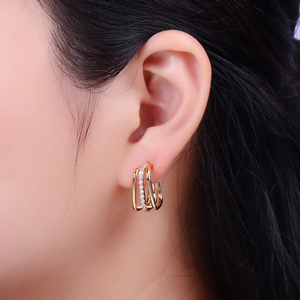 Triple Micro Pave CZ Bar Geometric Square J-Shaped Hoop Earrings In Gold & Silver | AB053 AB054 - DLUXCA