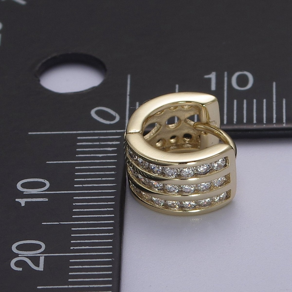 Triple Pave Gold Huggie Earrings, Thick Huggie 3 Lines CZ Diamond Hoop Earrings V-153 - DLUXCA