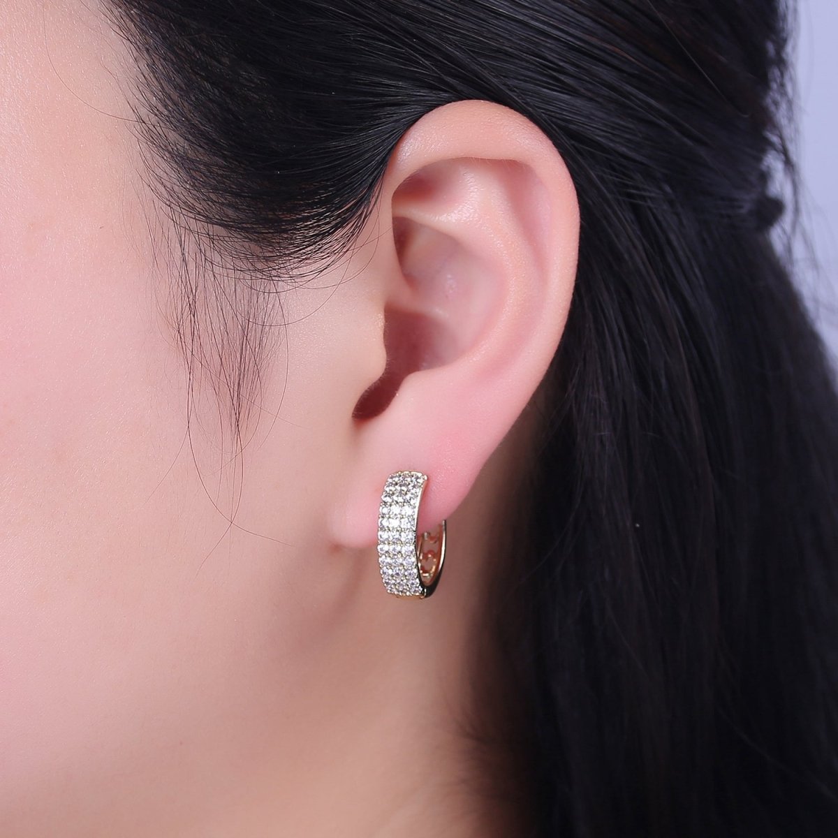 Triple Pave Gold Huggie Hoop Earrings, Thick Hoops, 3 Lines CZ Diamond Hoop Earrings V-152 - DLUXCA