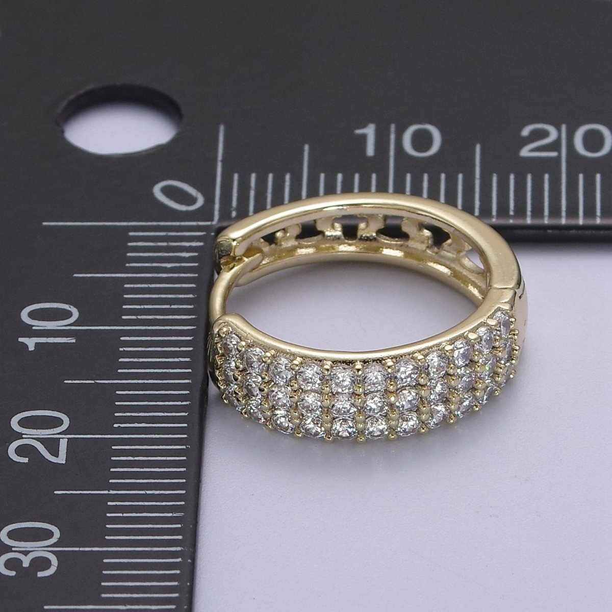 Triple Pave Gold Huggie Hoop Earrings, Thick Hoops, 3 Lines CZ Diamond Hoop Earrings V-152 - DLUXCA