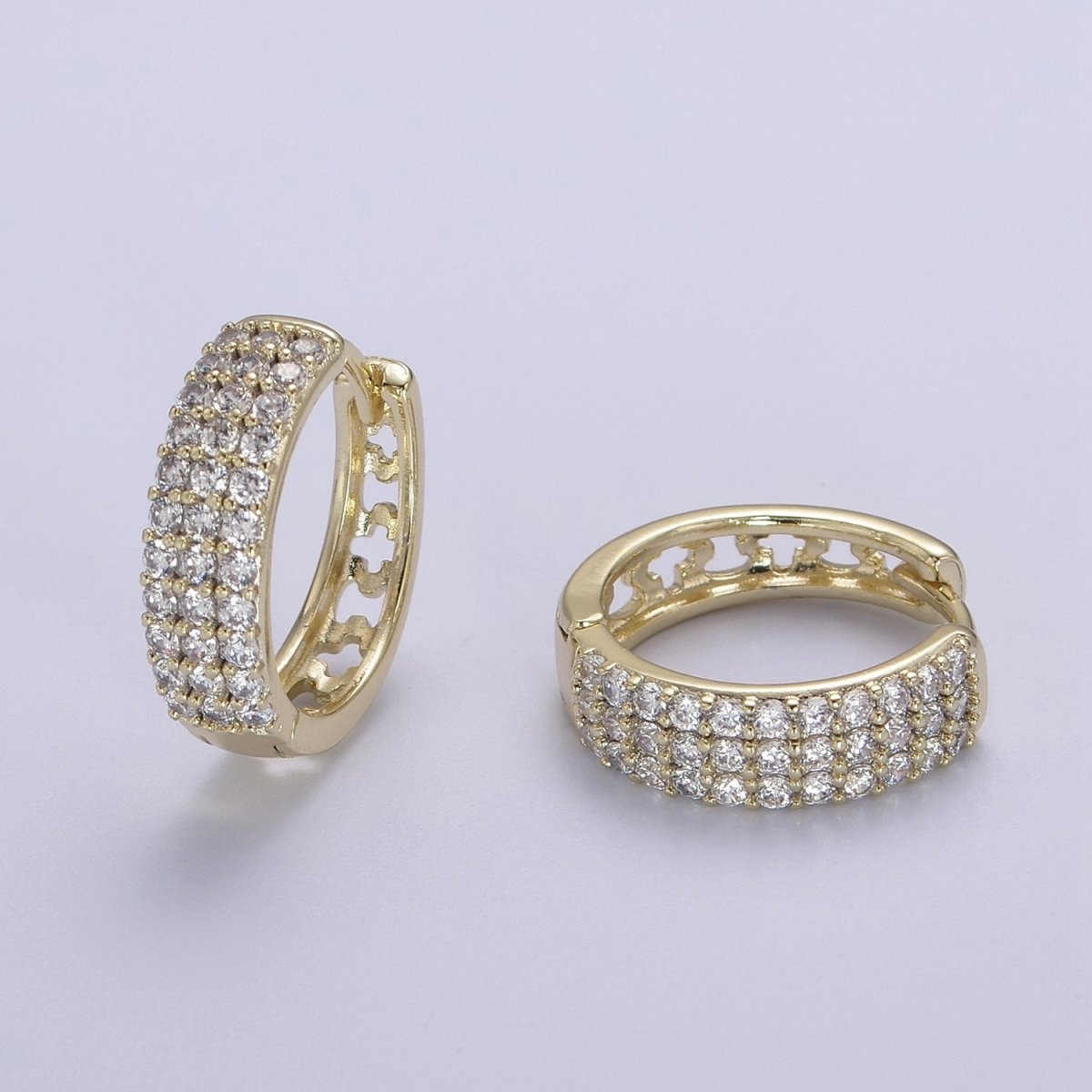 Triple Pave Gold Huggie Hoop Earrings, Thick Hoops, 3 Lines CZ Diamond Hoop Earrings V-152 - DLUXCA