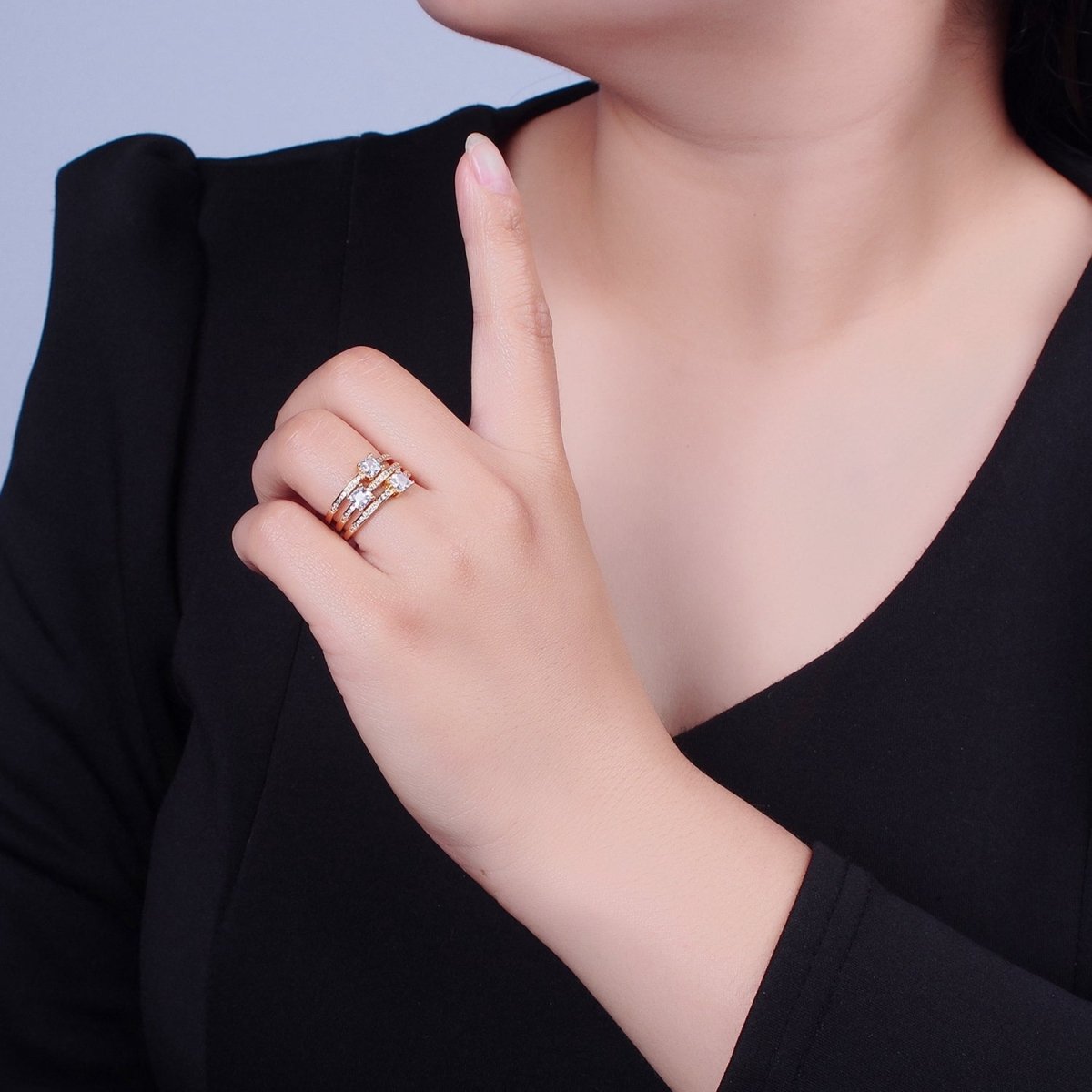 Triple Square cz Stone with Pave Gold Band Ring Open Adjustable O-2234 - DLUXCA