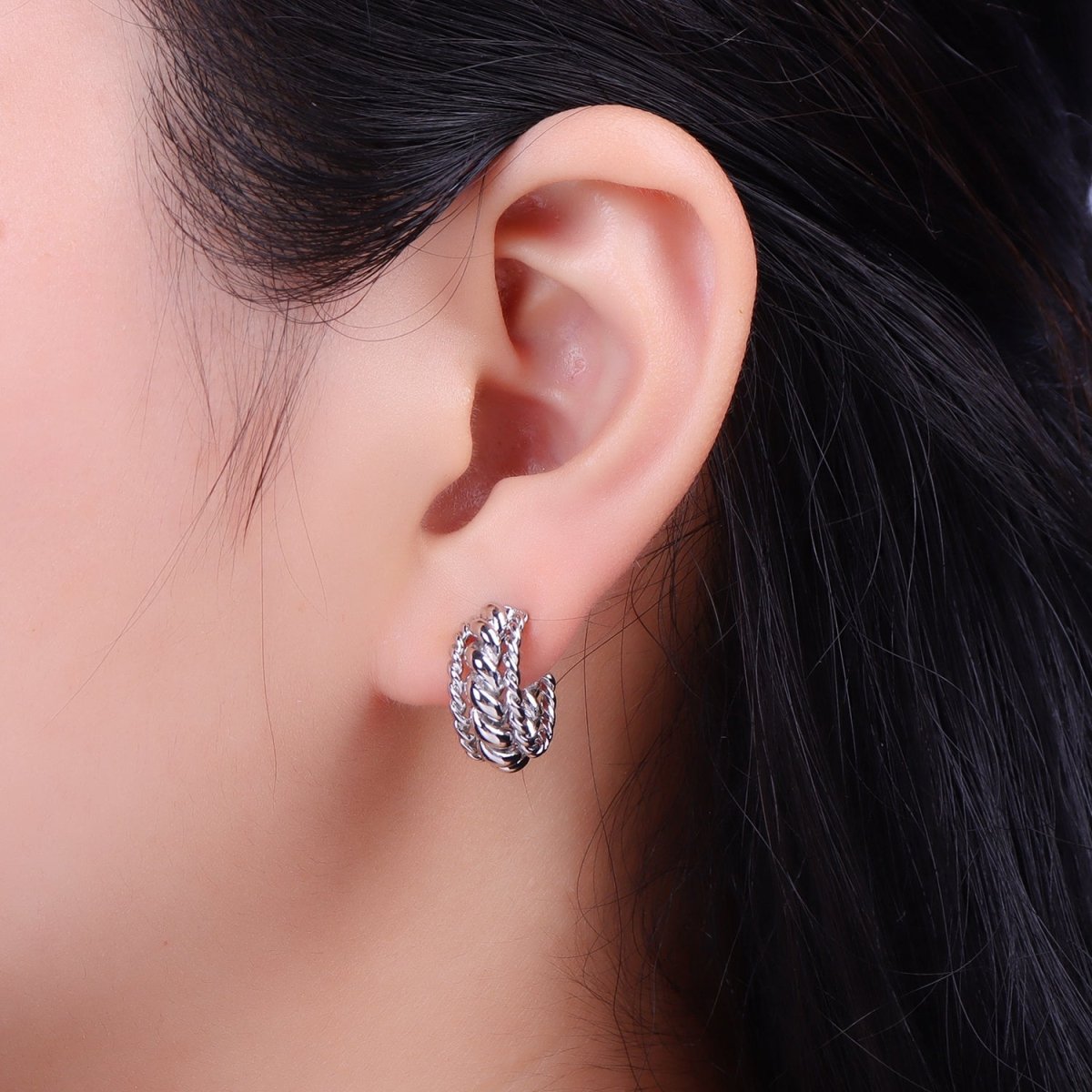 Triple Twisted Croissant Braided C-Shaped Stud Earrings in Gold & Silver | AB024 AB064 - DLUXCA