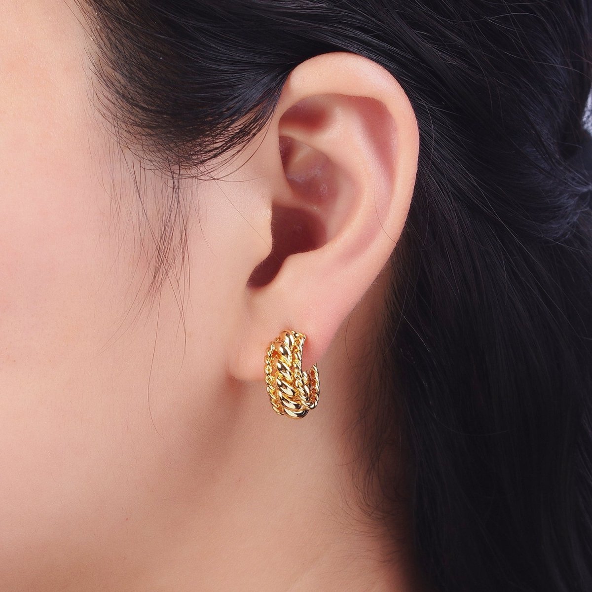 Triple Twisted Croissant Braided C-Shaped Stud Earrings in Gold & Silver | AB024 AB064 - DLUXCA