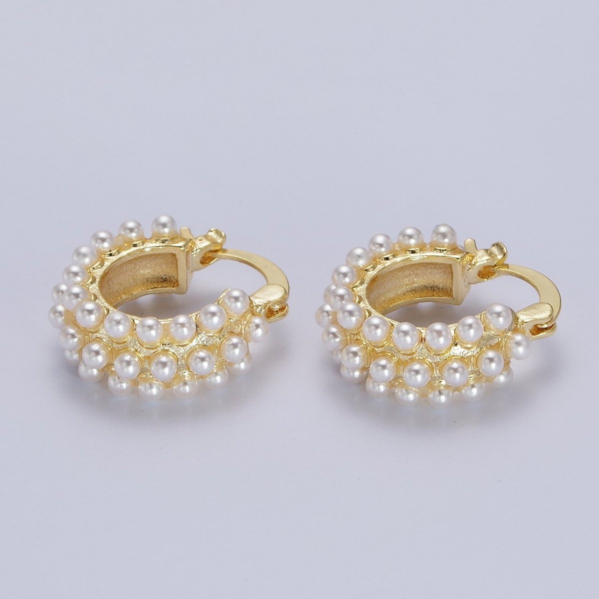 Triple White Round Pearl Lined 21mm Gold Hoop Latch Earrings | T020 - DLUXCA