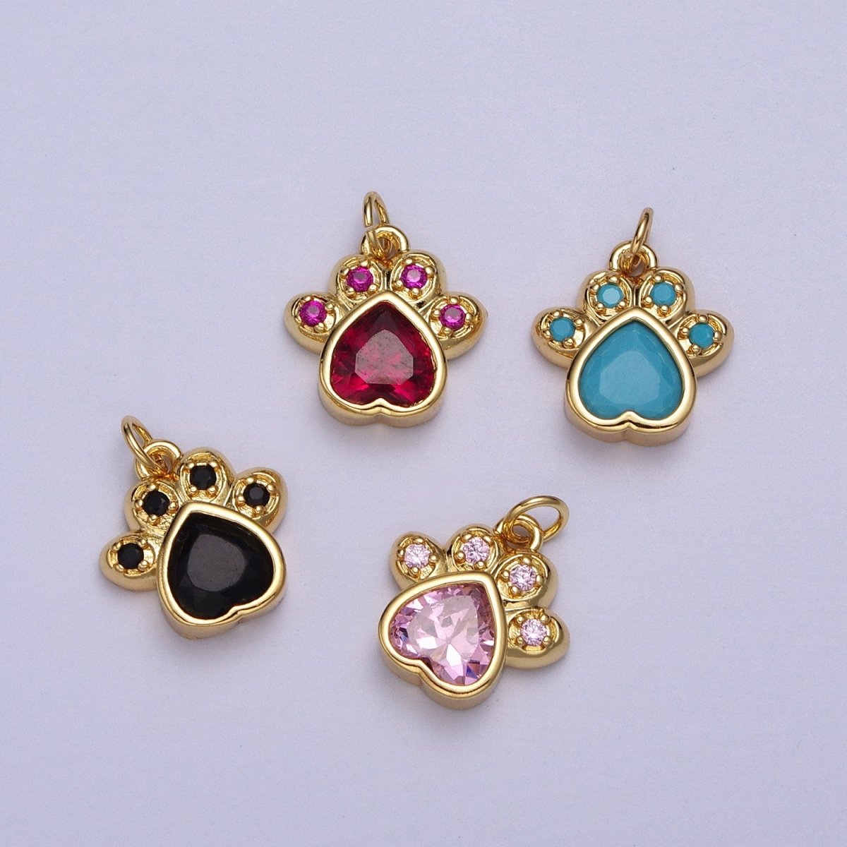 Turquoise, Pink, Red, Black CZ Animal Paw Print Gold Charm | AC019 - AC022 - DLUXCA