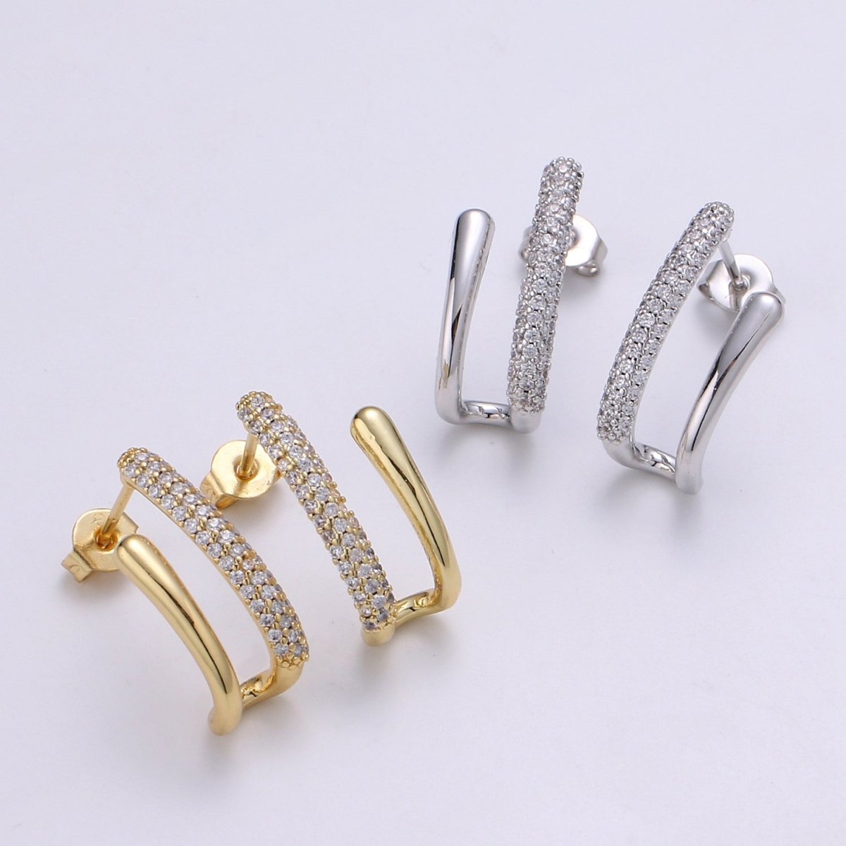 U Shape 24K Gold filled CZ Pave Stud, White Gold filled Micro Pave Earring for DIY Earring Craft Supply Jewelry Making, EARR-1367, 1368 Q-389 Q-390 - DLUXCA