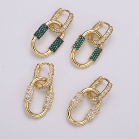 U Shaped Earring Micro Pave Earring 24k Gold filled Cubic Zirconia Gemstone Gold Statement earring Dangle Oval Charm P-051 P-052 - DLUXCA
