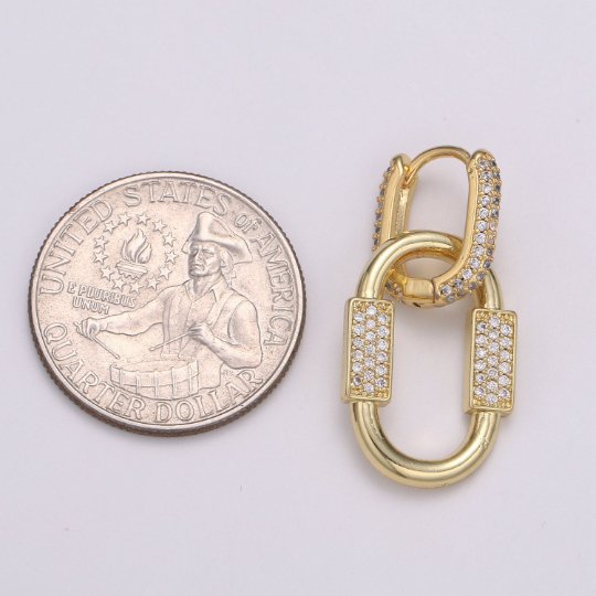 U Shaped Earring Micro Pave Earring 24k Gold filled Cubic Zirconia Gemstone Gold Statement earring Dangle Oval Charm P-051 P-052 - DLUXCA