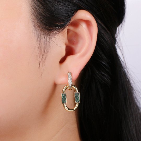 U Shaped Earring Micro Pave Earring 24k Gold filled Cubic Zirconia Gemstone Gold Statement earring Dangle Oval Charm P-051 P-052 - DLUXCA