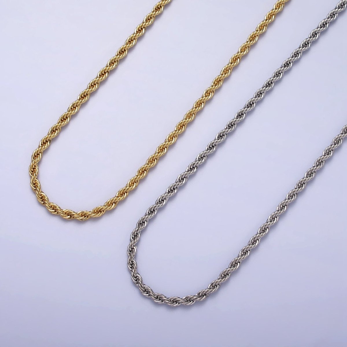 Unisex Chain Necklace, Rope Chain Necklace Gold Twist Chain, 3mm Rope Chain 18" 19.5" Necklace | WA-1520 WA-1521 WA-1522 WA-1523 Clearance Pricing - DLUXCA
