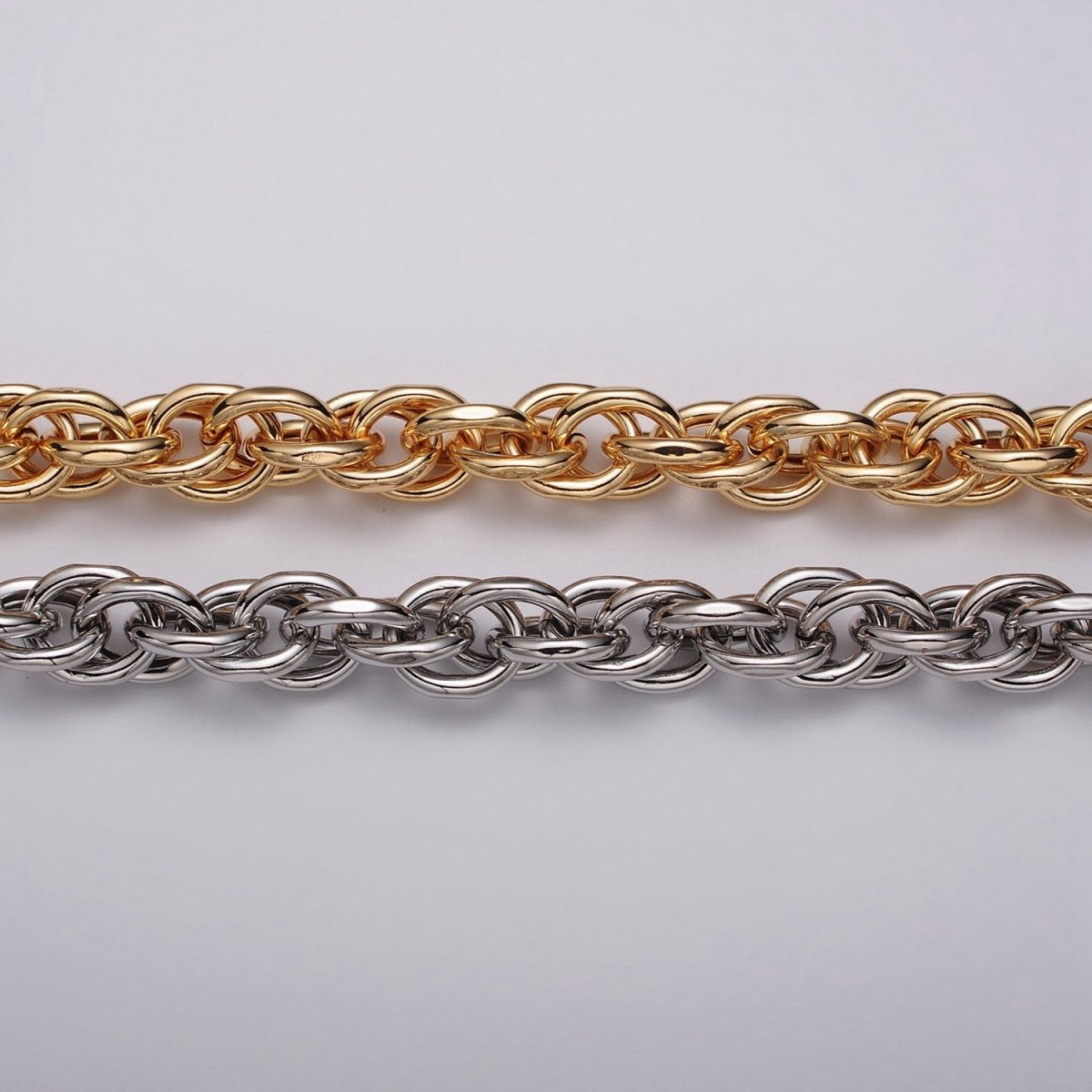 Unsoldered Gold Espiga Spiga Wheat Chain 13mm, 17.5mm Width for Statement Jewelry Unfinished Chain by Yard in Gold & Silver Unsoldered | ROLL-1183 ~ ROLL-1186 Clearance Pricing - DLUXCA