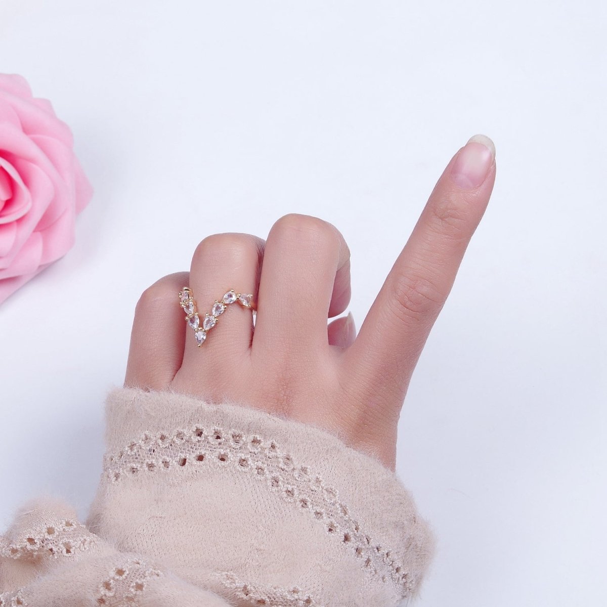 V Shaped Marquise Round Moissanite Wedding Band Unique Curved Chevron Band Solid 18K Gold Filled Stacking Ring O-2238 - DLUXCA