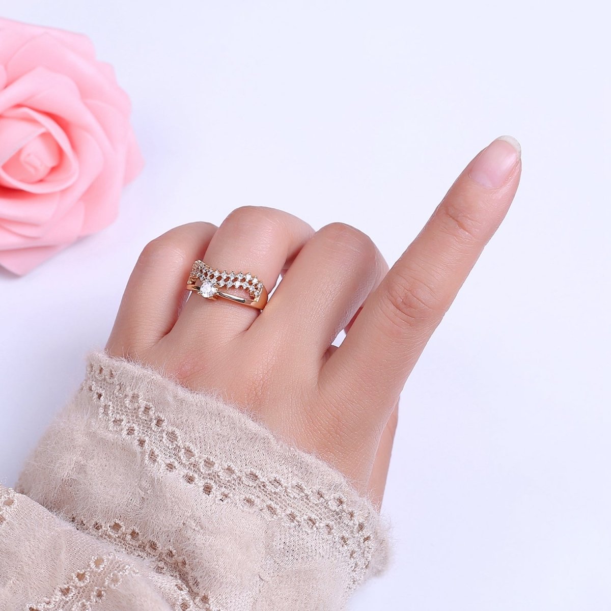 V Stacking Chevron Ring, Minimalist CZ Geometric Ring Dainty Adjustable Ring S-506 - DLUXCA