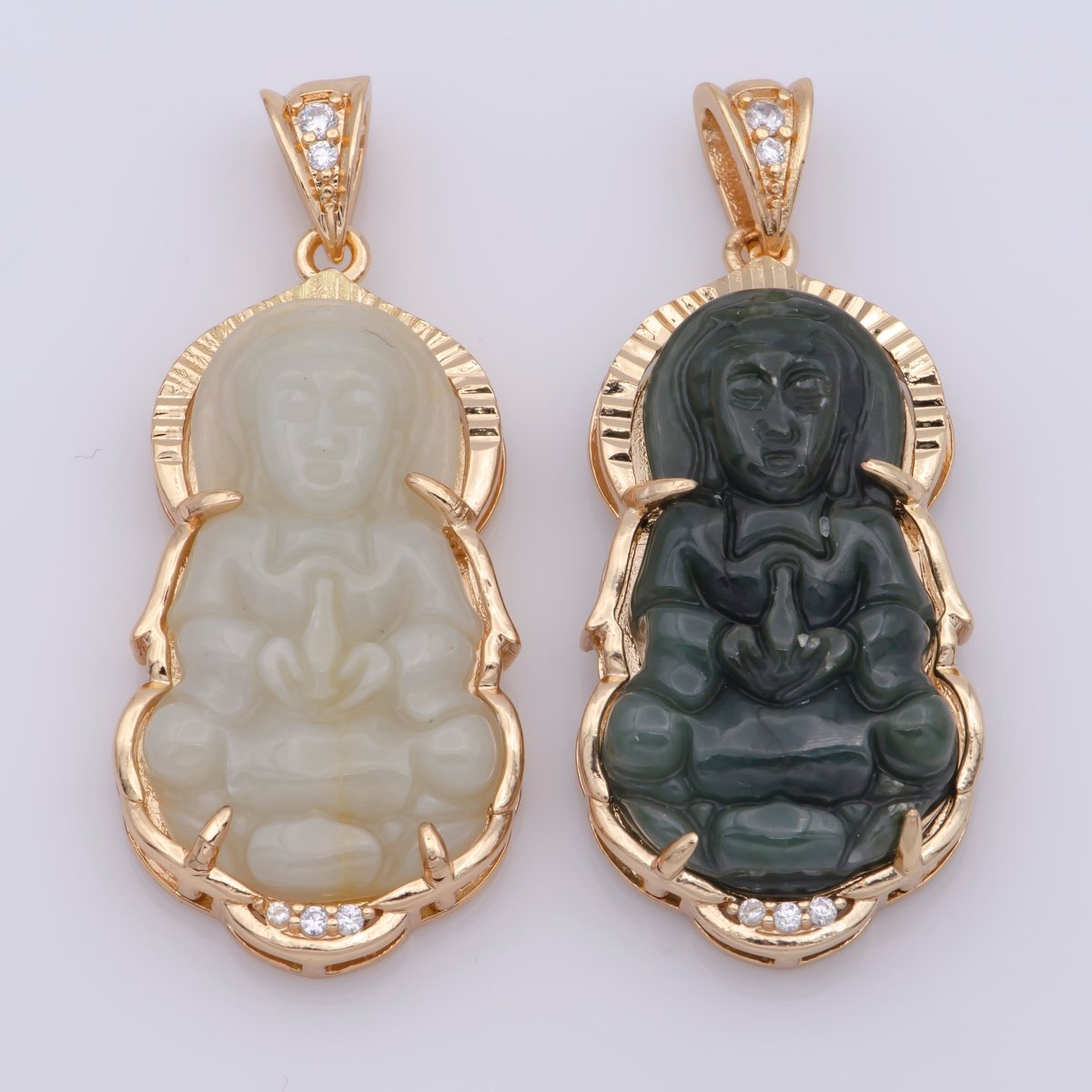 Vintage 18K gold fill, Solid Green Jadeite Jade Guan Yin Necklace Pendant, Kwan Yin Buddha Pendant O-109 O-110 - DLUXCA