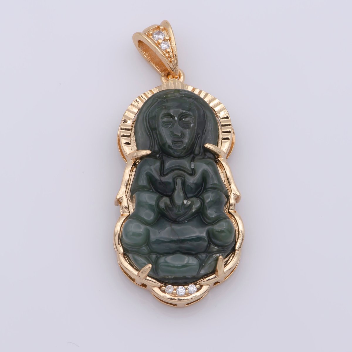 Vintage 18K gold fill, Solid Green Jadeite Jade Guan Yin Necklace Pendant, Kwan Yin Buddha Pendant O-109 O-110 - DLUXCA