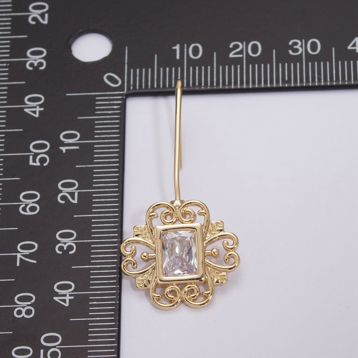 Vintage Gold Earring, Cz Square Drop Earrings, Everyday Earrings, Textured 18k Gold Filled T-219 - DLUXCA