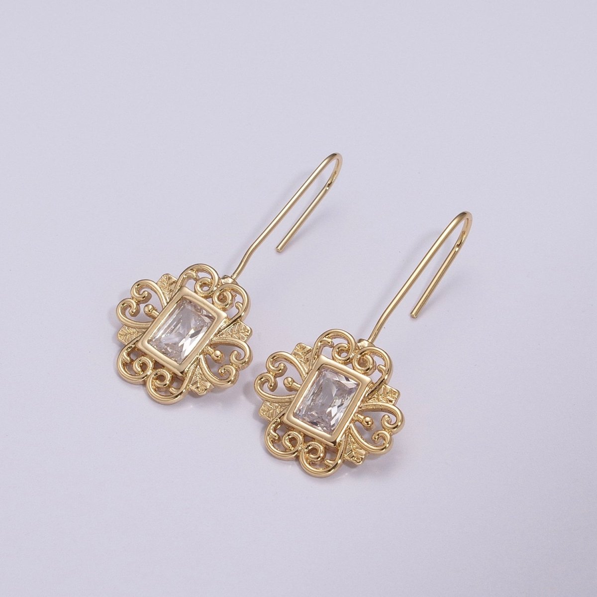 Vintage Gold Earring, Cz Square Drop Earrings, Everyday Earrings, Textured 18k Gold Filled T-219 - DLUXCA