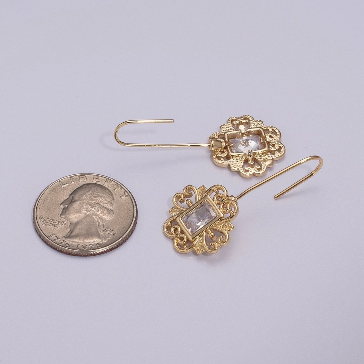 Vintage Gold Earring, Cz Square Drop Earrings, Everyday Earrings, Textured 18k Gold Filled T-219 - DLUXCA