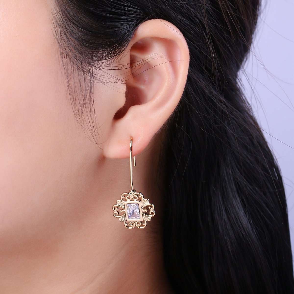 Vintage Gold Earring, Cz Square Drop Earrings, Everyday Earrings, Textured 18k Gold Filled T-219 - DLUXCA