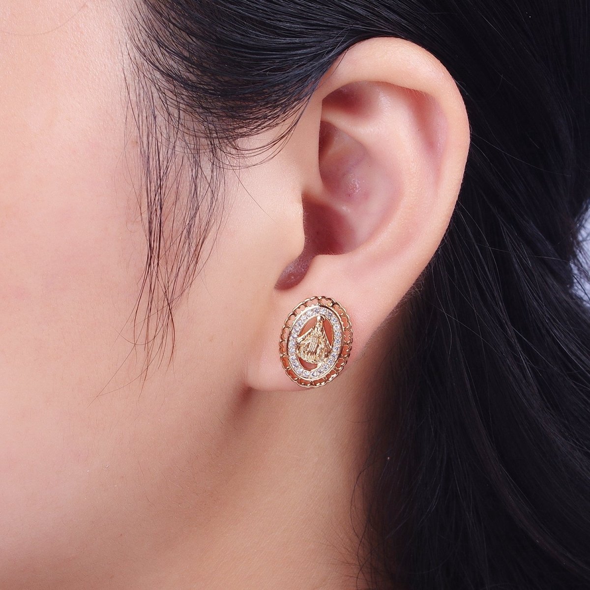Vintage Miraculous Lady Earring Gold Lady Guadalupe Stud Earring Oval Medallion Virgin Mary Religious Jewelry Gift AE-1047 - DLUXCA