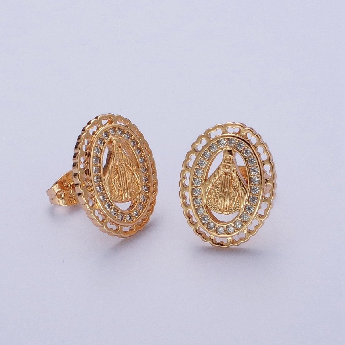 Vintage Miraculous Lady Earring Gold Lady Guadalupe Stud Earring Oval Medallion Virgin Mary Religious Jewelry Gift AE-1047 - DLUXCA