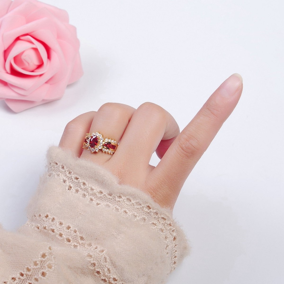 Vintage Pave Red Ring for Statement Ring Open Adjustable Jewelry O-2172 - DLUXCA