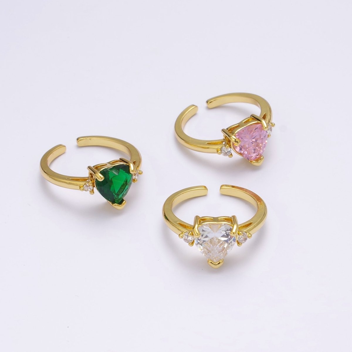 Vintage solitaire Green, Clear, Pink wedding ring heart cut Cubic Zirconia Yellow gold Open Adjustable Ring S-250 ~ S-252 - DLUXCA