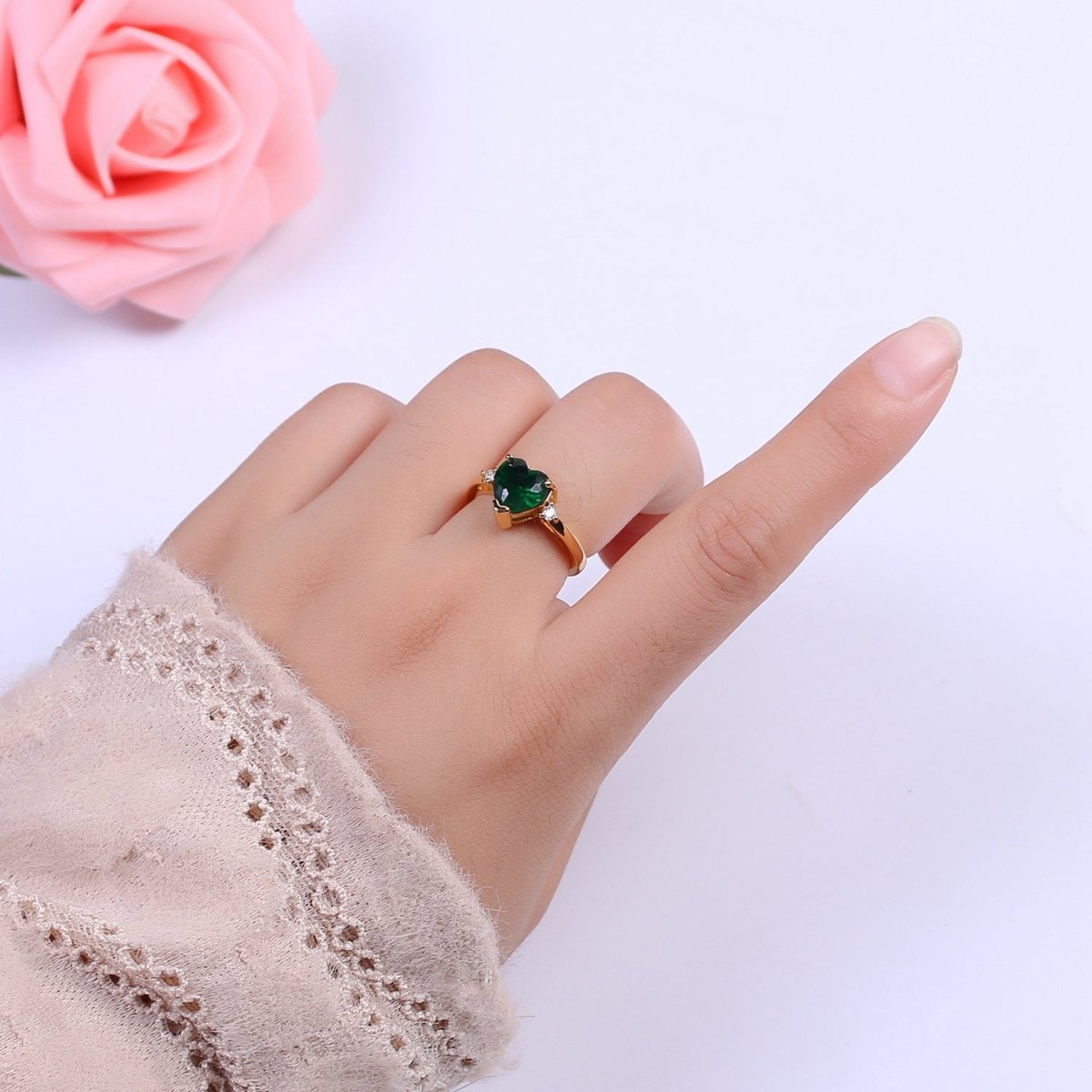 Vintage solitaire Green, Clear, Pink wedding ring heart cut Cubic Zirconia Yellow gold Open Adjustable Ring S-250 ~ S-252 - DLUXCA