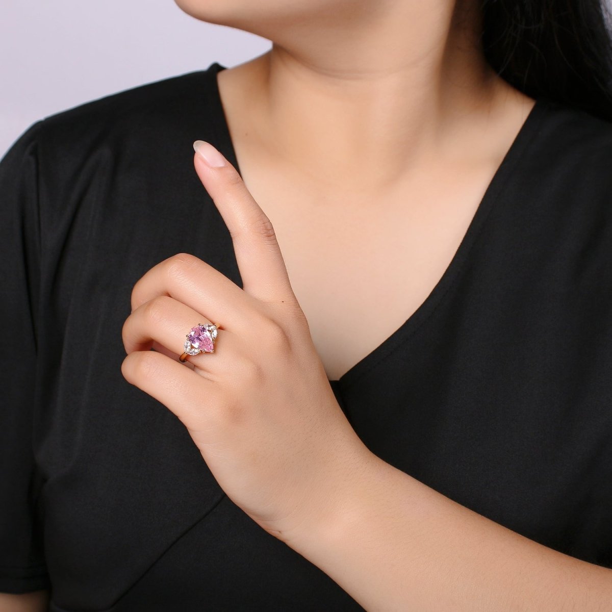 Vintage Teardrop Pink Ring- Adjustable Gold Ring- Engagement Ring- Promise Ring- Pink CZ Ring- Anniversary Birthday Gift For Her O-320 - DLUXCA