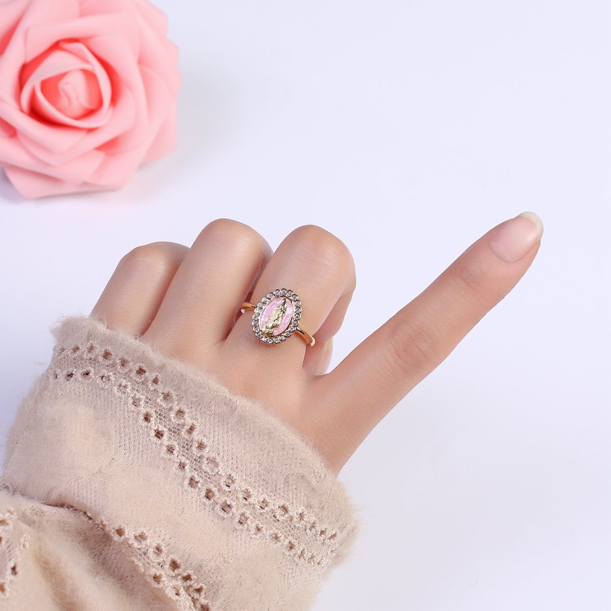 Virgin Mary Ring, 14K Gold Filled Religious Medallion Ring, Mother Mary Statement Ring, cz Lady of Guadalupe Ring S-401 to S-404 - DLUXCA