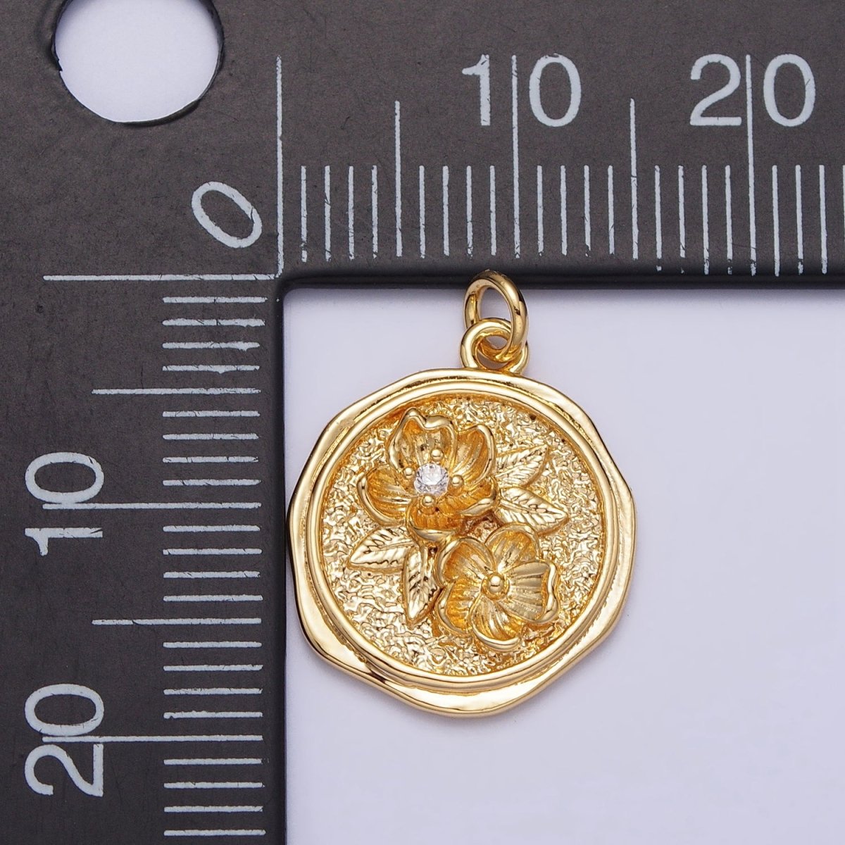 Water Lily Lotus July Birth Flower Textured Round Charm in Gold & Silver | AC282 AC283 - DLUXCA