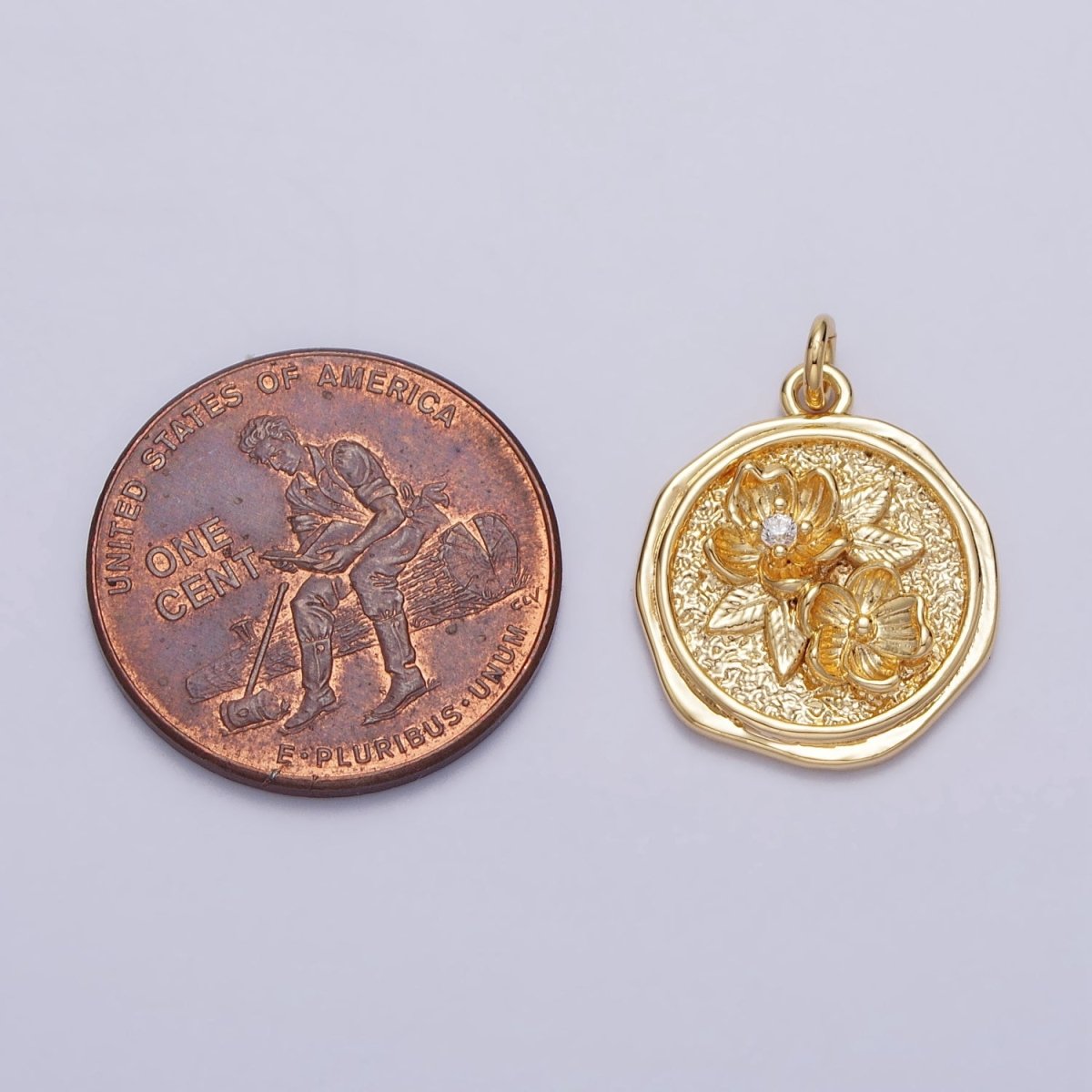 Water Lily Lotus July Birth Flower Textured Round Charm in Gold & Silver | AC282 AC283 - DLUXCA