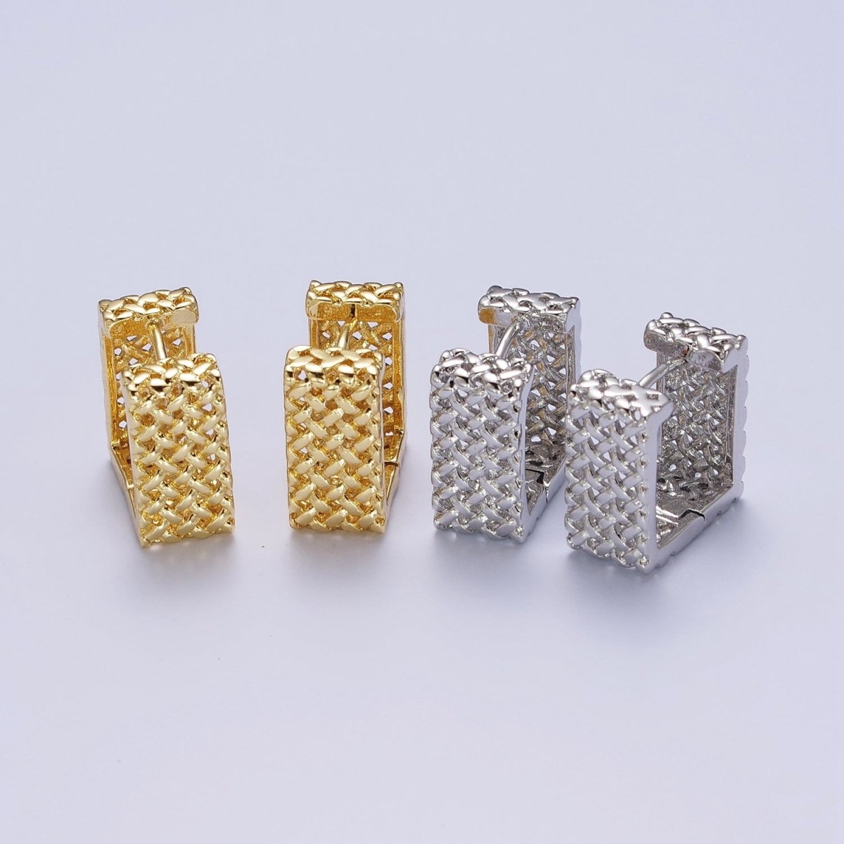Weave Pattern Rattan Textured Geometric Boxy Huggie Earrings | Y-077 Y-078 - DLUXCA