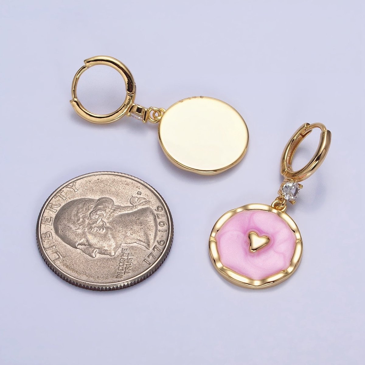 White, Blue, Pink Sparkly Enamel Heart Round CZ Drop Gold Huggie Earrings | AD794 - AD796 - DLUXCA