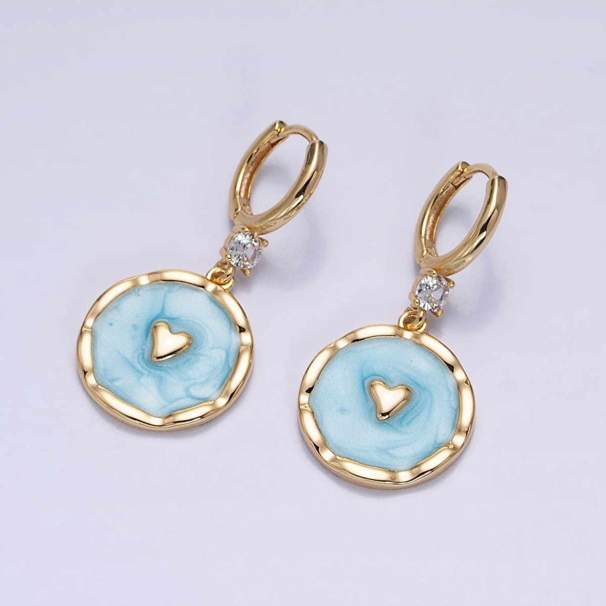White, Blue, Pink Sparkly Enamel Heart Round CZ Drop Gold Huggie Earrings | AD794 - AD796 - DLUXCA