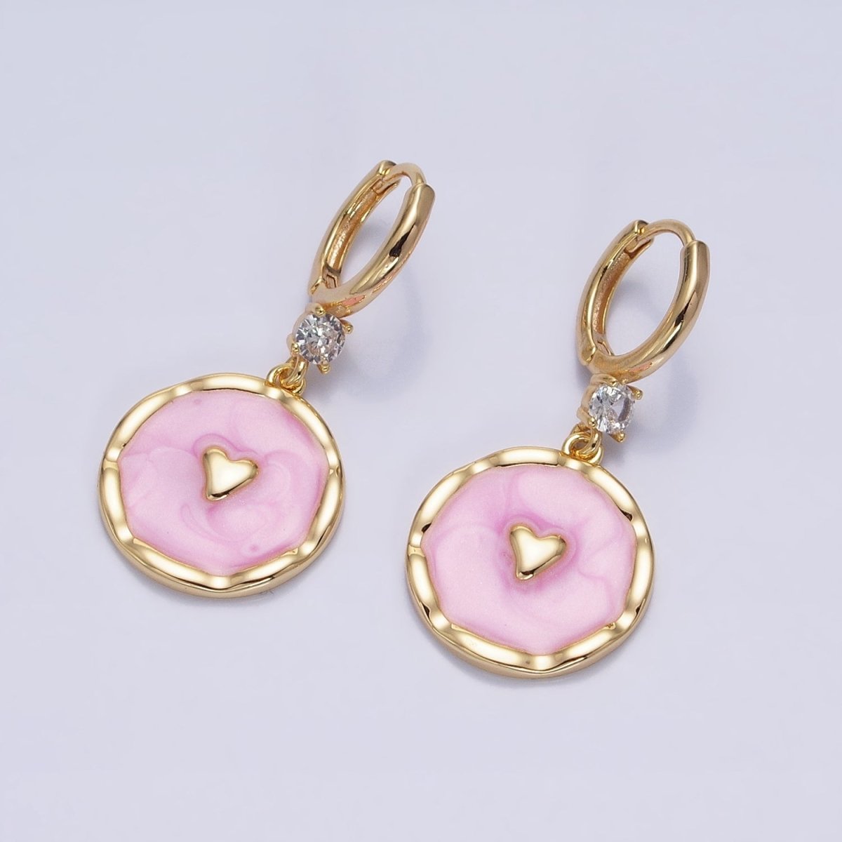 White, Blue, Pink Sparkly Enamel Heart Round CZ Drop Gold Huggie Earrings | AD794 - AD796 - DLUXCA