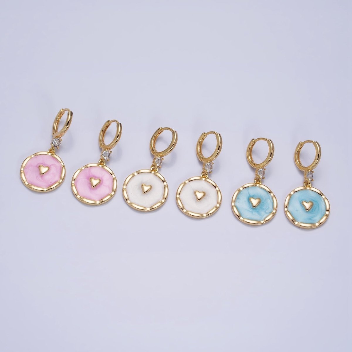 White, Blue, Pink Sparkly Enamel Heart Round CZ Drop Gold Huggie Earrings | AD794 - AD796 - DLUXCA